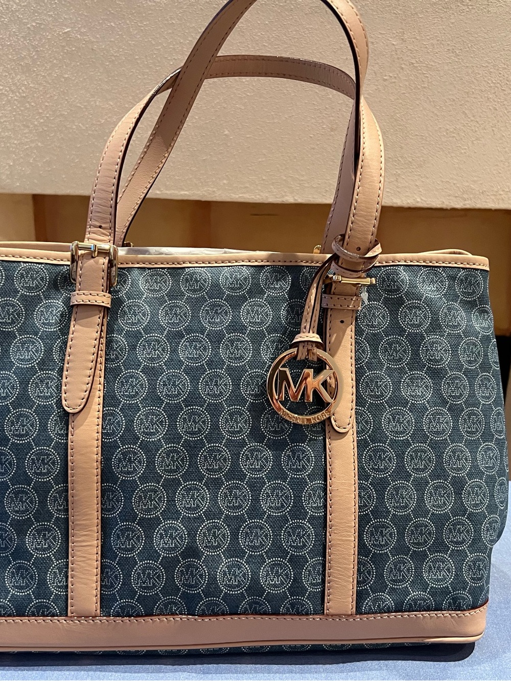 Michael Kors Blue Logo Canvas Tote with Tan Trim